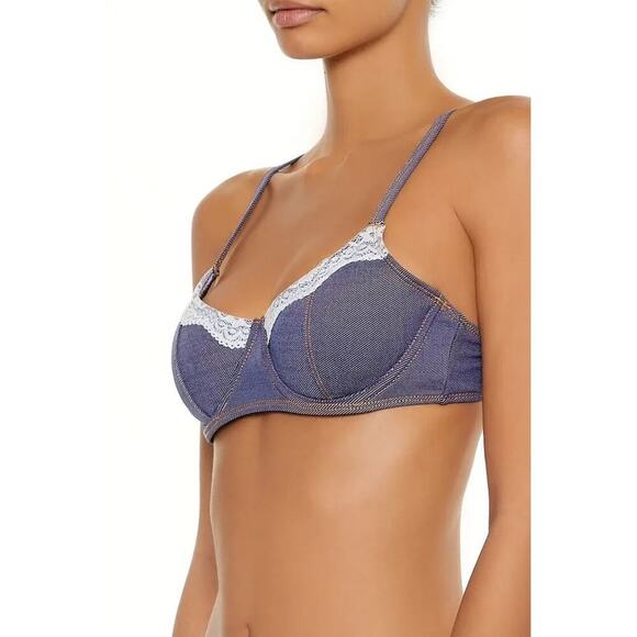 NWT Forever 21 Denim Lace-Trim Underwire Bikini Top & Bikini Bottom Set Size XL - Picture 4 of 12